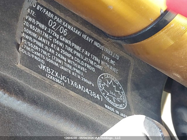 Продажа на аукционе авто 2006 Kawasaki Zx636 C1, vin: JKBZXJC1X6A043847, номер лота: 12604230