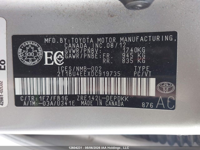 Aukcja sprzedaży 2013 Toyota Corolla S/le, vin: 2T1BU4EEXDC919735, numer aukcji: 12604231