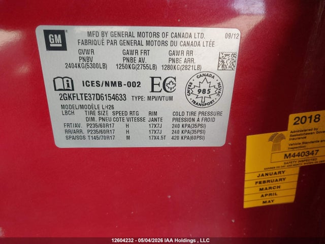 12604232 :رقم المزاد ، 2GKFLTE37D6154633 vin ، 2013 Gmc Terrain مزاد بيع