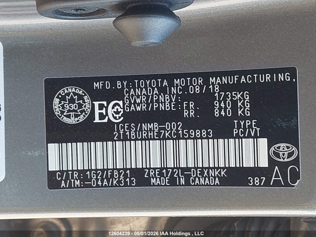 12604239 :رقم المزاد ، 2T1BURHE7KC159883 vin ، 2019 Toyota Corolla L/le/xle/se/xse مزاد بيع