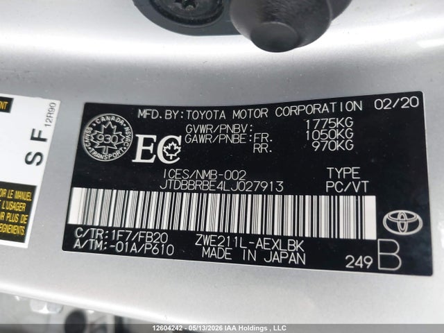 12604242 :رقم المزاد ، JTDBBRBE4LJ027913 vin ، 2020 Toyota Corolla Le مزاد بيع
