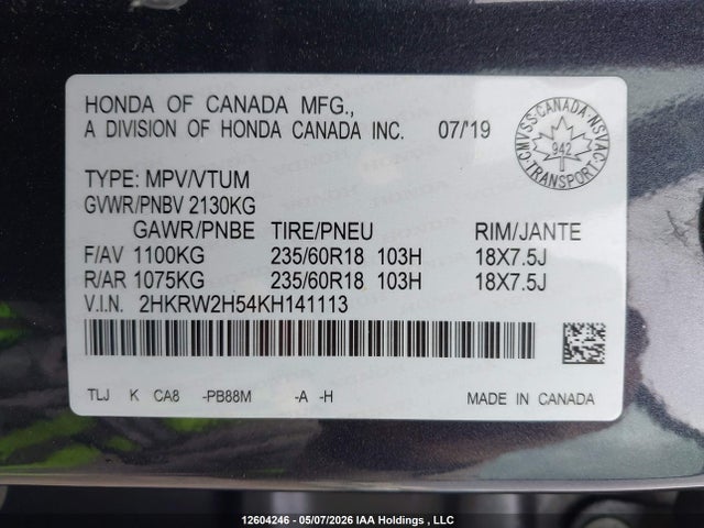 Продажа на аукционе авто 2019 Honda Cr-v Ex, vin: 2HKRW2H54KH141113, номер лота: 12604246