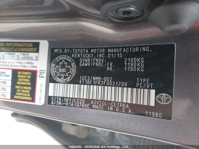 12604252 :رقم المزاد ، 4T1BF1FK2FU021709 vin ، 2015 Toyota Camry Le/xle/se/xse مزاد بيع