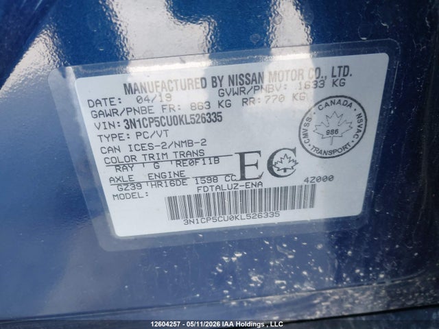 3N1CP5CU0KL526335 Nissan Kicks