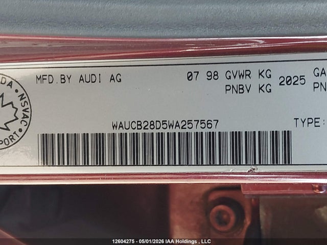 12604275 :رقم المزاد ، WAUCB28D5WA257567 vin ، 1998 Audi A4 1.8t Quattro مزاد بيع