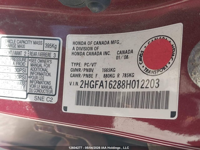 Aukcja sprzedaży 2008 Honda Civic Dx, vin: 2HGFA16288H012203, numer aukcji: 12604277