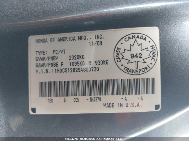 Продаж на аукціоні авто 2009 Honda Accord, vin: 1HGCS12829A800730, номер лоту: 12604278