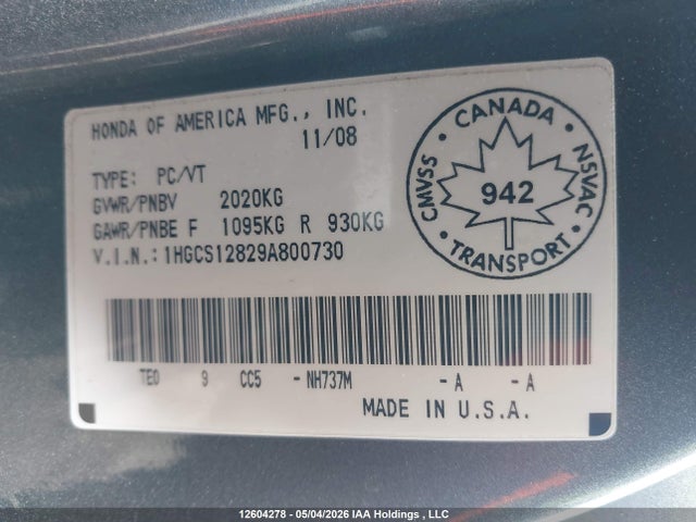 Продаж на аукціоні авто 2009 Honda Accord, vin: 1HGCS12829A800730, номер лоту: 12604278
