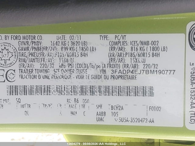 12604279 :رقم المزاد ، 3FADP4EJ7BM190777 vin ، 2011 Ford Fiesta Se مزاد بيع