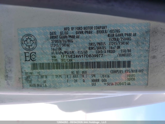 Продажа на аукционе авто 2007 Ford E-250 Commercial/recreational, vin: 1FTNE24W17DB39977, номер лота: 12604282