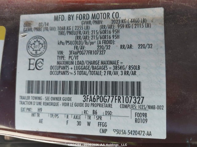 Продажа на аукционе авто 2015 Ford Fusion S, vin: 3FA6P0G77FR107327, номер лота: 12604284