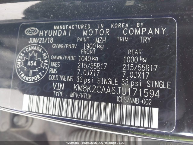 KM8K2CAA6JU171594 Hyundai Kona 2.0l Preferred