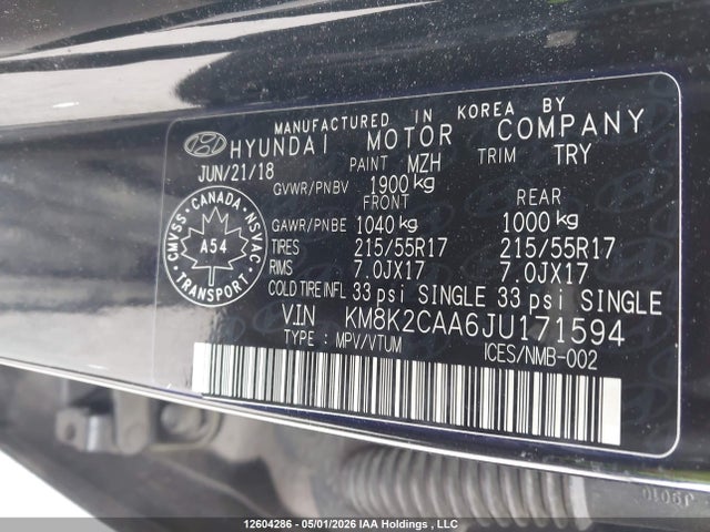 KM8K2CAA6JU171594 Hyundai Kona 2.0l Preferred