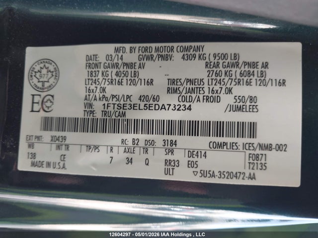 Продажа на аукционе авто 2014 Ford E-350 Super Duty Commercial, vin: 1FTSE3EL5EDA73234, номер лота: 12604297