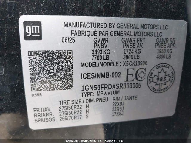 Продажа на аукционе авто 2025 Chevrolet Suburban Premier, vin: 1GNS6FRDXSR333005, номер лота: 12604299
