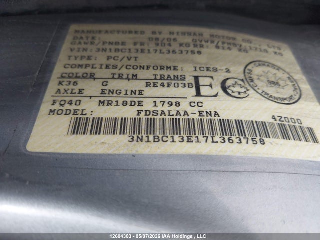 12604303 :رقم المزاد ، 3N1BC13E17L363758 vin ، 2007 Nissan Versa مزاد بيع