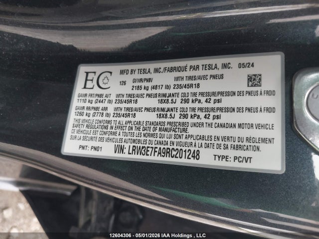 Tesla MODEL 3 2024 LRW3E7FA9RC201248 Image 9