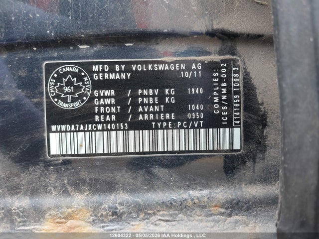 12604322 :رقم المزاد ، WVWDA7AJXCW140153 vin ، 2012 Volkswagen Golf مزاد بيع
