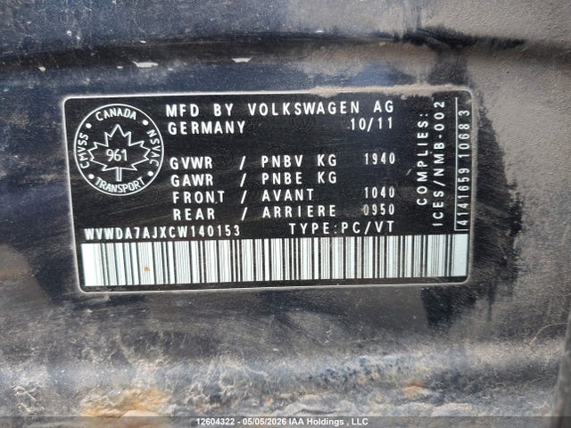 12604322 :رقم المزاد ، WVWDA7AJXCW140153 vin ، 2012 Volkswagen Golf مزاد بيع