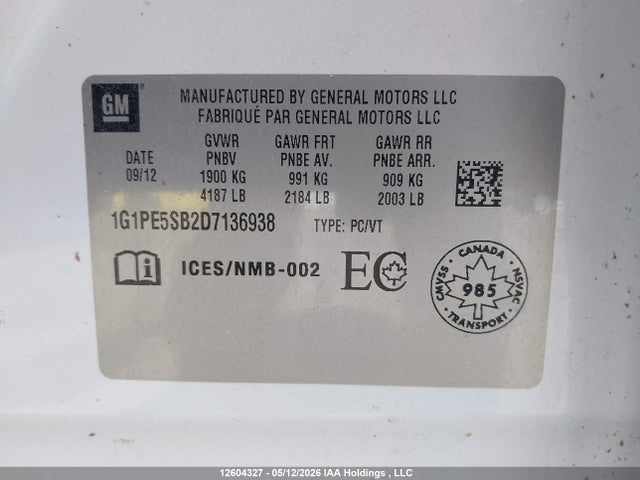 Aukcja sprzedaży 2013 Chevrolet Cruze Lt, vin: 1G1PE5SB2D7136938, numer aukcji: 12604327