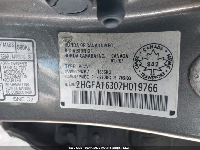 Продажа на аукционе авто 2007 Honda Civic, vin: 2HGFA16307H019766, номер лота: 12604328