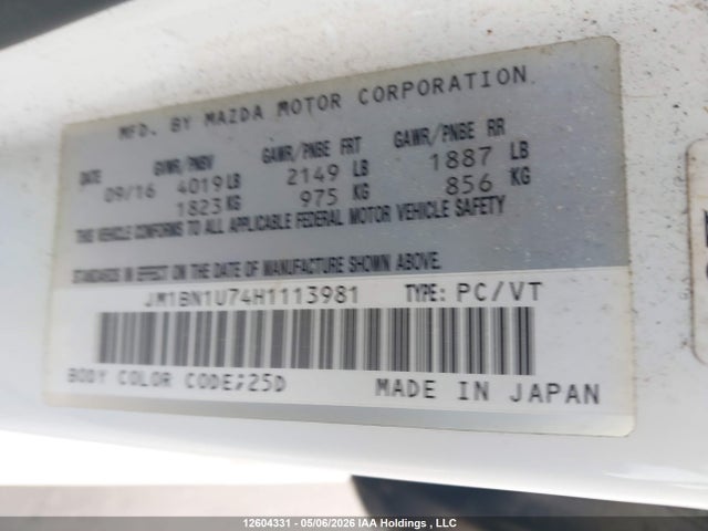 Aukcja sprzedaży 2017 Mazda Mazda3, vin: JM1BN1U74H1113981, numer aukcji: 12604331