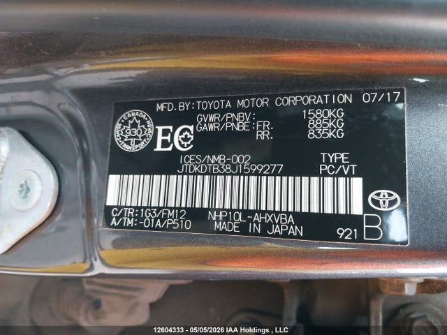 JTDKDTB38J1599277 Toyota PRIUS C