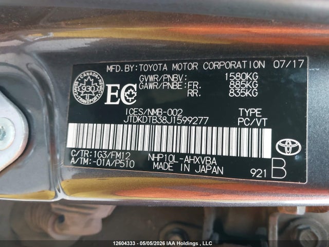 JTDKDTB38J1599277 Toyota PRIUS C