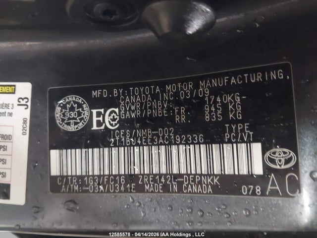12585578 :رقم المزاد ، 2T1BU4EE3AC192336 vin ، 2010 Toyota Corolla Le مزاد بيع