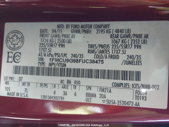 Продаж на аукціоні авто 2015 Ford Escape Se, vin: 1FMCU9G98FUC38475, номер лоту: 12598792