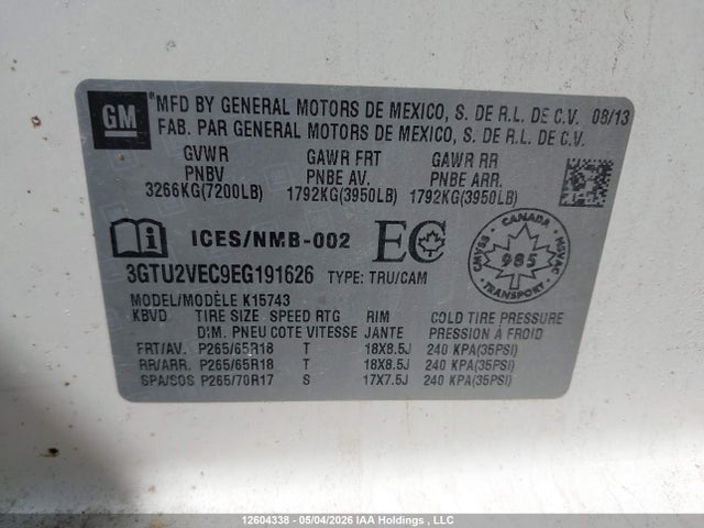2014 Gmc Sierra 1500 მანქანა იყიდება აუქციონზე, vin: 3GTU2VEC9EG191626, აუქციონის ნომერი: 12604338