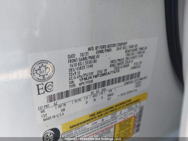 2021 Ford Expedition Max Platinum მანქანა იყიდება აუქციონზე, vin: 1FMJK1MT2MEA77479, აუქციონის ნომერი: 12604361