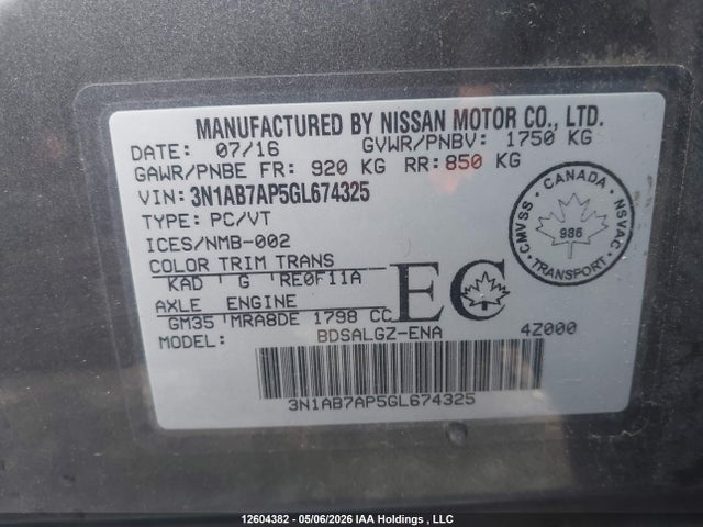 2016 Nissan Sentra 1.8 S/1.8 Sl/1.8 Sr/1.8 Sv მანქანა იყიდება აუქციონზე, vin: 3N1AB7AP5GL674325, აუქციონის ნომერი: 12604382