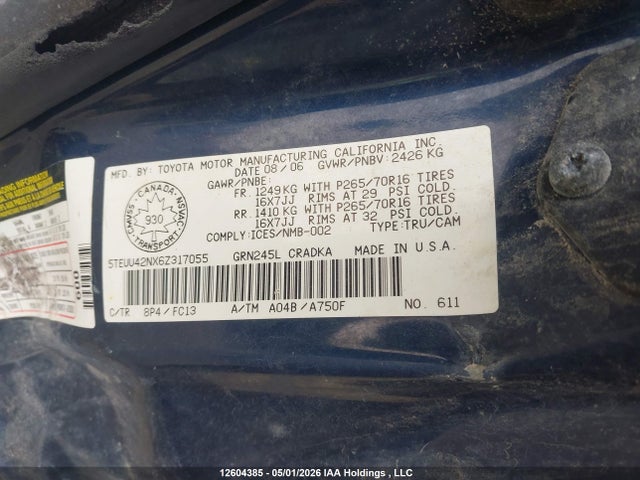 Aukcja sprzedaży 2006 Toyota Tacoma Base V6, vin: 5TEUU42NX6Z317055, numer aukcji: 12604385