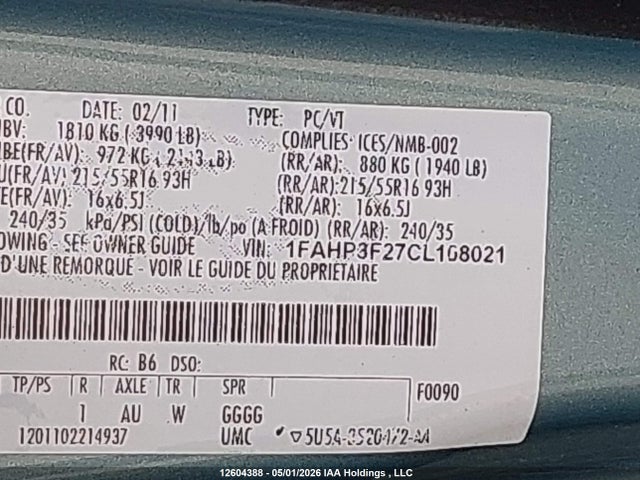 2012 Ford Focus მანქანა იყიდება აუქციონზე, vin: 1FAHP3F27CL108021, აუქციონის ნომერი: 12604388