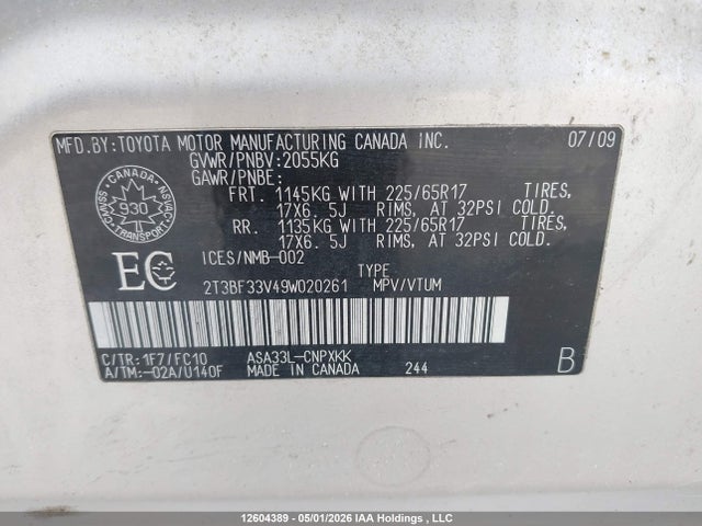 Aukcja sprzedaży 2009 Toyota Rav4, vin: 2T3BF33V49W020261, numer aukcji: 12604389