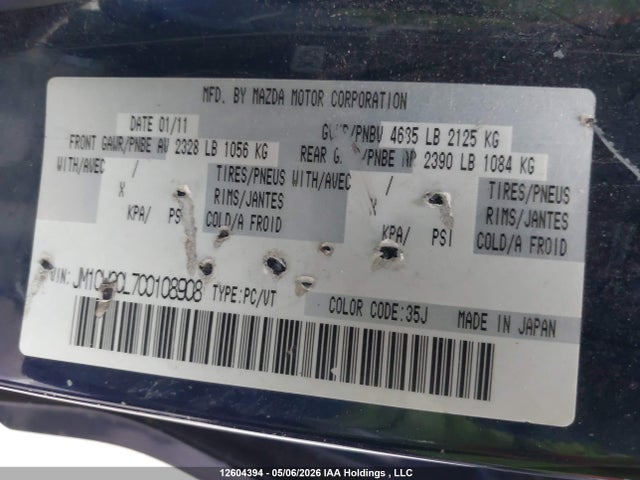 12604394 :رقم المزاد ، JM1CW2CL7C0108908 vin ، 2012 Mazda Mazda5 Gs مزاد بيع