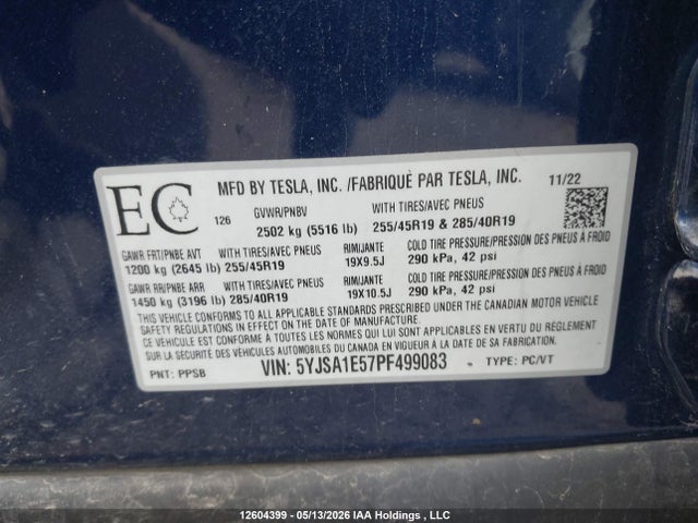 Продажа на аукционе авто 2023 Tesla Model S Awd/standard Range, vin: 5YJSA1E57PF499083, номер лота: 12604399