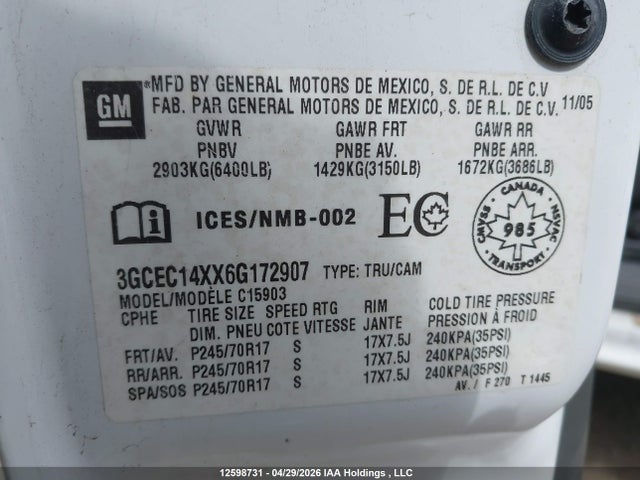 2006 Chevrolet Silverado 1500 Value Leader მანქანა იყიდება აუქციონზე, vin: 3GCEC14XX6G172907, აუქციონის ნომერი: 12598731
