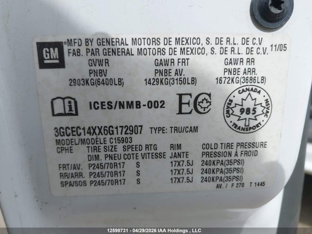 2006 Chevrolet Silverado 1500 Value Leader მანქანა იყიდება აუქციონზე, vin: 3GCEC14XX6G172907, აუქციონის ნომერი: 12598731