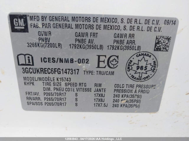 3GCUKREC6FG147317 Chevrolet Silverado 1500 1lt/2lt