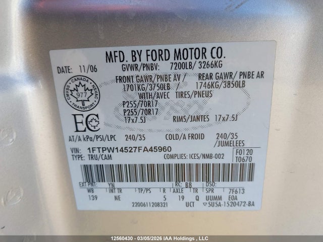 Aukcja sprzedaży 2007 Ford F-150 Fx4/harley-davidson/king Ranch/lariat/lariat Chrome Package/xlt, vin: 1FTPW14527FA45960, numer aukcji: 12560430