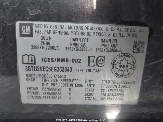 Aukcja sprzedaży 2014 Gmc Sierra 1500 Slt, vin: 3GTU2VEC6EG363840, numer aukcji: 12601177