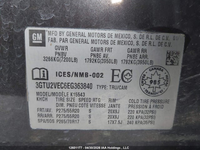 Aukcja sprzedaży 2014 Gmc Sierra 1500 Slt, vin: 3GTU2VEC6EG363840, numer aukcji: 12601177