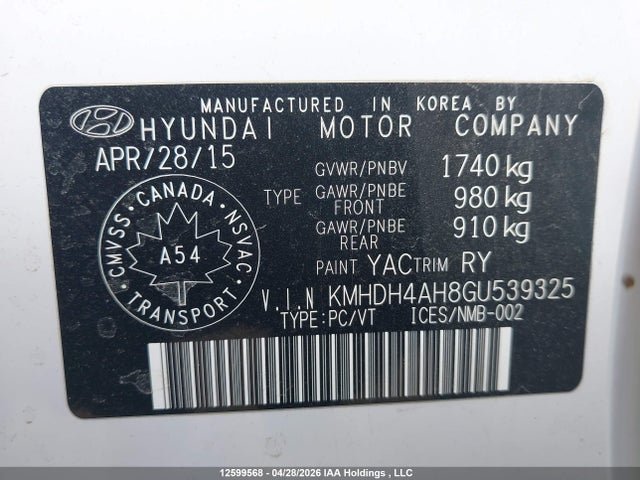 KMHDH4AH8GU539325 Hyundai Elantra Gls