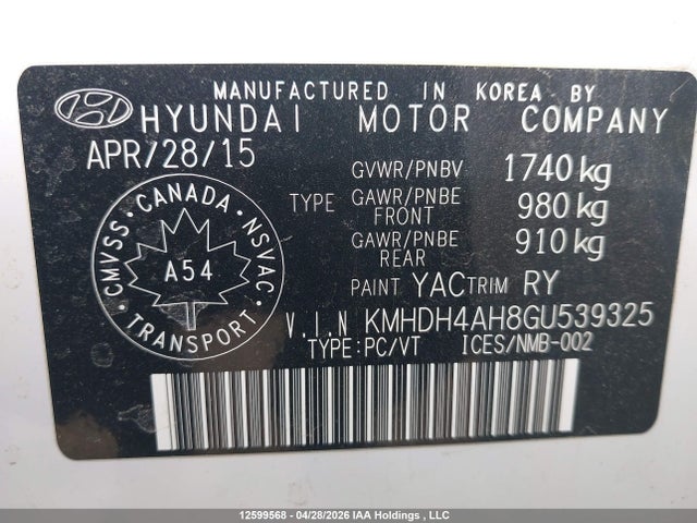 KMHDH4AH8GU539325 Hyundai Elantra Gls