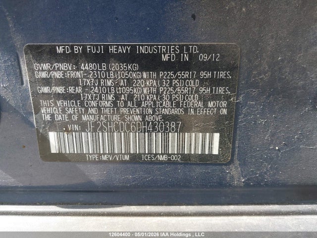 2013 Subaru Forester მანქანა იყიდება აუქციონზე, vin: JF2SHCDC6DH430387, აუქციონის ნომერი: 12604400