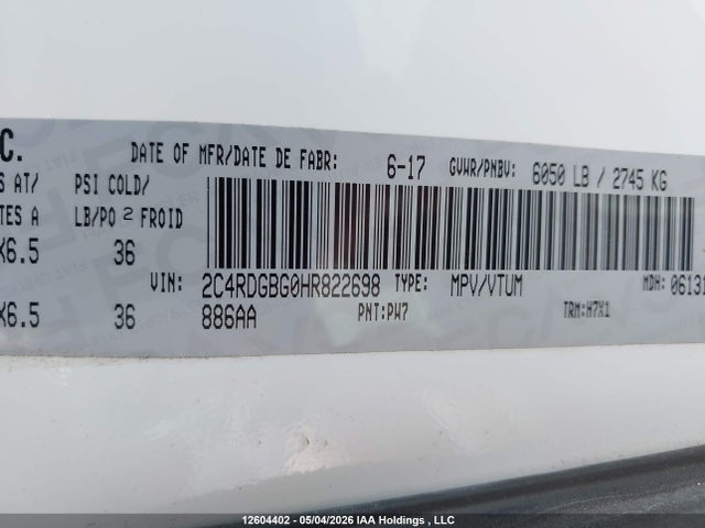 Aukcja sprzedaży 2017 Dodge Grand Caravan Cvp/sxt, vin: 2C4RDGBG0HR822698, numer aukcji: 12604402
