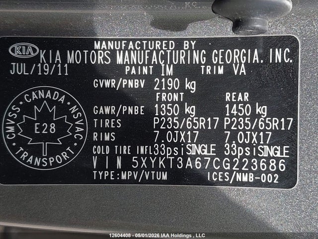 2012 Kia Sorento მანქანა იყიდება აუქციონზე, vin: 5XYKT3A67CG223686, აუქციონის ნომერი: 12604408