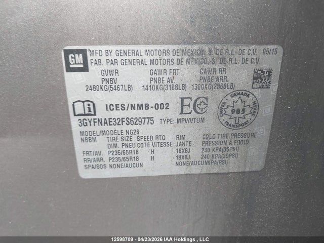 Продаж на аукціоні авто 2015 Cadillac Srx, vin: 3GYFNAE32FS629775, номер лоту: 12598709